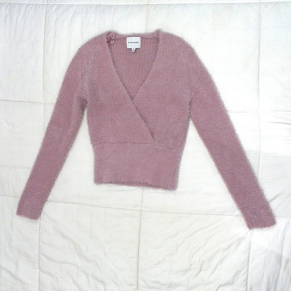 Pink Rose V-neck pink fluffy sweater